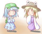  2girls backpack baerun bag blonde_hair blue_hair hair_bobbles hair_ornament hat kawashiro_nitori key moriya_suwako multiple_girls touhou 