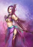  bare_shoulders breasts diao_chan elbow_gloves gloves hair_ornament large_breasts long_hair midriff navel purple_eyes purple_hair shin_sangoku_musou side_slit solo thighhighs underboob very_long_hair weapon youshun_(naturaljuice) 