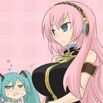 blue_eyes blush breast_envy breasts drooling green_eyes green_hair hairband hatsune_miku large_breasts long_hair looking_at_breasts megurine_luka multiple_girls oro_(zetsubou_girl) pink_hair twintails vocaloid 