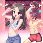  1girl :d black_eyes black_hair flat_chest karaoke kiryuu_kazuma long_hair lowres mask microphone music navel oekaki open_mouth ryuu_ga_gotoku salute sawamura_haruka shorts singing smile star zen 