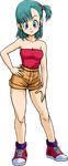  blue_eyes breasts bulma cleavage contrapposto dragon_ball dragon_ball_(classic) full_body green_hair hair_bobbles hair_ornament hand_on_hip hand_on_thigh looking_at_viewer medium_breasts official_art one_side_up ponytail shoes shorts smile sneakers solo standing transparent_background 