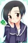  black_hair blush bob_cut brown_eyes clover earbuds earphones four-leaf_clover kobayakawa_rinko love_plus school_uniform shiratama_yomogi short_hair solo 