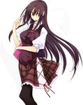  1girl akaba_chizuru black_hair black_legwear blush book long_hair pantyhose pen plaid plaid_skirt pleated_skirt purple_eyes seitokai_no_ichizon simple_background skirt smile solo very_long_hair white_background 