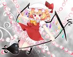  ascot bad_id bad_pixiv_id blonde_hair bobby_socks chaba_(hortensia) danmaku drill_hair fang flandre_scarlet hat laevatein one_side_up open_mouth outstretched_arm pokka red_eyes short_hair skirt skirt_set socks solo touhou wings 