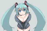  :o aqua_background aqua_hair blue_eyes blush body_blush bottomless breasts cleavage hatsune_miku headphones headset large_breasts leaning_forward long_hair looking_at_viewer naitou_kouse no_nose shirt_tug simple_background solo sweat sweater thighhighs twintails v-shaped_eyebrows v_arms vocaloid 