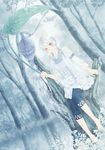  animal artist_name barefoot bird closed_mouth dutch_angle forest frost full_body grey holding leaf_umbrella nature orange_eyes original red_eyes short_hair silver_hair sitting solo tree white_hair yue_natsuki 