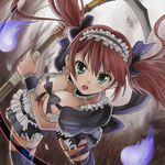  airi_(queen's_blade) angry bow breasts brown_hair cleavage green_eyes hamoto large_breasts queen's_blade solo thighhighs torn_clothes torn_legwear twintails 