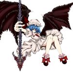  absurdres bad_id bad_pixiv_id blue_hair dress hat highres namonaiteidono polearm remilia_scarlet shoes solo spear spear_the_gungnir touhou weapon wings 