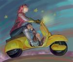  1girl boots flcl gloves ground_vehicle haruhara_haruko motor_vehicle nandaba_naota pink_hair scooter star yurinko 