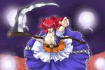  breasts cleavage foreshortening grin hair_bobbles hair_ornament hands huge_breasts one_eye_closed onozuka_komachi red_eyes red_hair scythe smile solo suwi touhou 