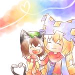  :3 ^_^ animal_ears bad_id bad_pixiv_id blonde_hair brown_hair cat_ears cat_tail chen chibi closed_eyes earrings fox_tail hat heart heart_tail jewelry kuzugitsune_(inarikami) lowres multiple_girls multiple_tails scarf shared_scarf short_hair smile tail touhou yakumo_ran 