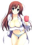  breast_hold breasts cleavage cup green_eyes hands highres large_breasts long_hair mug open_clothes open_shirt panties red_hair shirt solo striped striped_panties tomose_shunsaku underwear 
