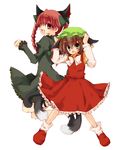  animal_ears braid brown_eyes cat_ears cat_tail chen earrings hair_ribbon hat jewelry kaenbyou_rin mao_(alepricos) multiple_girls multiple_tails red_eyes red_hair ribbon short_hair tail touhou twin_braids twintails 