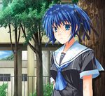  bad_id bad_pixiv_id blue_eyes blue_hair hair_ribbon lowres original ribbon ryouta school_uniform solo tree twintails 