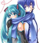  1girl bangs blue_eyes blue_hair blue_scarf couple hatsune_miku hetero kaito long_hair scarf shared_scarf umitsuki_kouna very_long_hair vocaloid 
