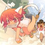  animal_ears blade_(galaxist) buruma cat_ears chasing fingerless_gloves fish glint gloves jumping knife mouth_hold multiple_girls original red_eyes red_hair running shoes short_hair sneakers tail 