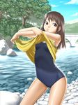  555 bridge brown_eyes brown_hair highres long_hair one-piece_swimsuit original school_swimsuit solo stream swimsuit swimsuit_under_clothes tree undressing water 