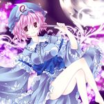  bad_id bad_pixiv_id banned_artist bare_legs bug butterfly closed_fan fan flower folding_fan hat insect japanese_clothes kimono moon pink_hair red_eyes saigyouji_yuyuko smile solo tepengu touhou 