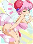  ;) antennae bare_shoulders bee_girl blush breasts cleavage clenched_teeth green_eyes honey_bee_(bug-tte_honey) insect_girl konpeto large_breasts leotard looking_at_viewer one_eye_closed pink_hair pink_leotard short_hair sleeveless smile solo takahashi_meijin_no_bug-tte_honey teeth wings 