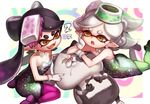  :d animal aori_(splatoon) black_hair cat cousins detached_collar dress drooling earrings fangs food food_on_head green_legwear hotaru_(splatoon) jajji-kun_(splatoon) jewelry long_hair multiple_girls nishizawa object_on_head open_mouth orange_eyes pantyhose pointy_ears purple_legwear short_dress short_hair short_jumpsuit sleeping smile splatoon_(series) splatoon_1 strapless strapless_dress sushi tentacle_hair white_hair zzz 