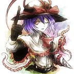  ascot bad_hands bad_id bad_pixiv_id black_gloves capelet drill frills gloves haiki_(hakkyoii06) hat hat_ribbon long_finger long_sleeves looking_at_viewer nagae_iku one_eye_closed parted_lips pointing purple_hair red_eyes ribbon shawl shirt short_hair smile solo touhou upper_body 