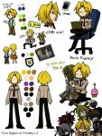  2girls 5boys black_necktie black_pants black_shoes brown_shirt chair closed_eyes closed_mouth commentary computer crossed_legs english_commentary english_text five_nights_at_freddy&#039;s five_nights_at_freddy&#039;s_3 hair_intakes laptop long_sleeves multiple_boys multiple_girls necktie office_chair pants phantom_balloon_boy_(fnaf) phantom_chica phantom_foxy_(fnaf) phantom_freddy phantom_mangle_(five_nights_at_freddy&#039;s) phantom_puppet_(fnaf) pole-bear purple_eyes security_guard shirt shoes simple_background sitting springtrap swivel_chair white_background 