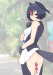  1girl anal anal_beads anal_object_insertion ass backless_pants barn_swallow_(kemono_friends) bird_girl bird_tail bird_wings black_eyes black_gloves black_hair black_pantyhose black_shirt black_wings blonde_hair blurry blurry_background blush breasts closed_mouth commentary cowboy_shot english_commentary feathered_wings flying_sweatdrops gloves head_wings highres illu_(illu_stratos) index_finger_raised kemono_friends looking_at_viewer looking_back masturbation medium_breasts multicolored_hair no_panties object_insertion pants pantyhose pleated_skirt public_indecency public_masturbation sex_toy shirt short_hair skirt sleeveless sleeveless_shirt smile solo tail tree two-tone_shirt white_shirt white_skirt wings 