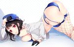  black_hair blue_panties breasts fishnet_legwear fishnets garter_belt gloves hat hayakawa_akari kantai_collection large_breasts panties red_eyes short_hair smile solo takao_(kantai_collection) thighhighs underwear 