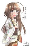  ahoge alternate_costume artist_name bad_id bad_pixiv_id bespectacled brown_eyes brown_hair check_translation dated facepaint glasses hagoita hanetsuki japanese_clothes kantai_collection kongou_(kantai_collection) long_hair nekobaka paddle rimless_eyewear sad simple_background solo tally tears translated translation_request twitter_username white_background 