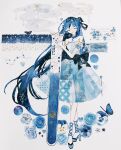  1girl \||/ anemone_(flower) belt blue_belt blue_bow blue_choker blue_dress blue_flower blue_hair blue_hairband blue_rose blue_shoes blue_theme bow breasts bubbles_(shallows_o0) bug butterfly choker closed_eyes closed_mouth constellation detached_sleeves dress floating_hair flower full_body grey_background hair_ribbon hairband hands_up heart high_heels highres holding holding_test_tube long_hair masking_tape_(medium) mixed_media multicolored_flower original oversized_object pansy pisces_(symbol) postage_stamp ribbon rose sagittarius_(symbol) scorpius_(constellation) sewing_pin shin_strap shoes short_sleeves small_breasts smile smoke smoke_trail solo standing star_(sky) star_(symbol) strapless strapless_dress test_tube traditional_media unconventional_media very_long_hair 