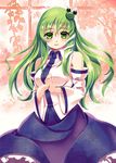  bad_id bad_pixiv_id bare_shoulders blush breasts detached_sleeves douji frog_hair_ornament green_eyes green_hair hair_ornament kochiya_sanae long_hair medium_breasts smile snake_hair_ornament solo touhou 