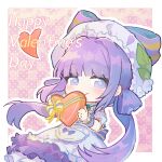  1girl apron back_bow bare_shoulders blunt_bangs border bow box box_of_chocolates cat_princess checkered_background chibi choker closed_mouth country_lolita detached_sleeves dress english_text eyelashes floating_hair frilled_apron frilled_choker frilled_dress frilled_headwear frilled_sleeves frilled_wrist_cuffs frills green_choker hair_intakes hair_rings happy_valentine hat hat_bow headscarf heart heart-shaped_box holding holding_box infinity_nikki leaf_print light_blush lolita_fashion long_hair low_twintails making-of_available medium_dress nikki_(series) outline outside_border pink_background plaid_clothes plaid_dress pocket polka_dot polka_dot_background puffy_short_sleeves puffy_sleeves purple_bow purple_dress purple_eyes purple_hair purple_wrist_cuffs short_sleeves smile solo strapless strapless_dress striped_bow tareme twintails valentine very_long_hair whispers_of_bliss_(infinity_nikki) white_apron white_border white_headscarf white_outline white_sleeves wrist_cuffs 