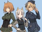  animal_ears black_ribbon blonde_hair blue_background blue_eyes blue_legwear brave_witches brown_eyes dog_ears edytha_rossmann fox_ears garrison_cap gundula_rall hand_in_pocket hand_on_hip hands_on_hips hat holding long_hair long_sleeves lowres military military_uniform multiple_girls one_eye_closed orange_hair pantyhose pointer ribbon shimada_fumikane short_hair silver_hair simple_background smile sweatdrop uniform upper_body vest waltrud_krupinski wolf_ears world_witches_series 