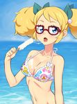  aikatsu! aikatsu!_(series) bikini blonde_hair blue_eyes blush bow breasts cleavage dripping food glasses hair_bow hair_ribbon long_hair looking_at_viewer medium_breasts melting navel oku_(okumen) open_mouth popsicle ribbon saegusa_kii sexually_suggestive short_hair solo swimsuit tongue tongue_out twintails 