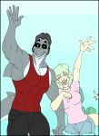 2025 5_fingers abs anthro back_spikes biceps big_tail black_border black_bottomwear black_clothing black_hair black_pants blue_background blush border bottomwear cavemanon_studios chadshark_(snoot_game) choker clothing denim denim_bottomwear denim_clothing denim_shorts digital_drawing_(artwork) digital_media_(artwork) dinosaur dorsal_fin double_bun duo eyes_closed eyewear female fin fingers fish front_view gesture gills goodbye_volcano_high green_hair grey_body grey_scales hair hair_bun hi_res jewelry long_tail male male/female marine multicolored_body multicolored_scales muscular muscular_anthro muscular_arms muscular_male necklace nuar_come_mundos open_mouth open_smile ornithischian pants pecs pink_choker pink_clothing pink_jewelry pink_necklace pink_shirt pink_t-shirt pink_topwear prehistoric_species red_clothing red_shirt red_tank_top red_topwear reptile scales scalie shark sharp_teeth shirt short_hair shorts simple_background smile snoot_game spiked_tail spikes spikes_(anatomy) stegosaurian stegosaurus stella_(gvh_beta) sunglasses t-shirt tail tank_top teeth thyreophoran topwear two_tone_body two_tone_scales waving yellow_body yellow_scales