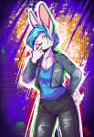alternative_fashion bdsm blue_hair bottomwear breasts cleavage clothed clothing denim denim_bottomwear denim_clothing disnomia female gesture hair hand_gesture hi_res jacket jeans kat_(disnomia) lagomorph leather leather_clothing leather_jacket leather_topwear leporid looking_at_viewer mammal nyxapnea pants punk rabbit shirt smile smiling_at_viewer story story_in_description tank_top topwear