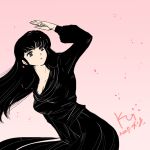  black_dress black_hair breasts cherry_blossoms commentary_request dress funeral_dress hand_over_face jian_yin long_hair long_sleeves maison_ikkoku medium_breasts mourning otonashi_kyouko pink_background wistful 
