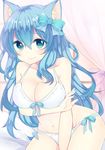  animal_ears bikini blue_eyes blue_hair breasts cat_ears cleavage curtains highres large_breasts long_hair momoirone navel original smile solo swimsuit white_bikini 