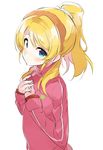  ayase_eli blonde_hair blue_eyes blush hairband hands_on_own_chest jacket long_hair looking_at_viewer love_live! love_live!_school_idol_project ponytail scrunchie solo totoki86 track_jacket 