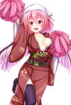  animal_ears arm_up black_legwear blush breasts cleavage earrings ebi_193 head_scarf japanese_clothes jewelry looking_at_viewer mary_janes medium_breasts mystia_lorelei obi okamisty open_mouth pink_hair pom_poms red_eyes sash shoes short_hair simple_background solo thighhighs touhou white_background wings 