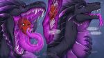 ambiguous_gender ambiguous_pred ambiguous_prey blue_background blue_eyes bodily_fluids cheek_frill dragon duo fangs feral forked_tongue frill_(anatomy) glistening glistening_eyes grey_body grey_scales head_crest head_frill head_in_mouth hi_res in_mouth long_neck mizurai_(lolhorse) mouth_shot mythological_creature mythological_scalie mythology narrowed_eyes neck_bulge open_mouth oral_head_gulp oral_vore pupils purple_tongue red_body saliva saliva_on_tongue saliva_string santanahoffman scales scalie sharp_teeth side_view simple_background slit_pupils smile teeth tongue tongue_out vore