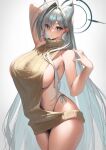  1girl absurdres alternate_costume animal_ear_fluff animal_ears arm_up armpits backless_dress backless_outfit black_halo blue_archive blue_eyes breasts broken_halo cross cross_hair_ornament dark_halo dress extra_ears grey_hair hair_ornament halo highleg highleg_panties highres huge_breasts inverted_cross long_hair meme_attire mismatched_pupils no_pants panties ribbed_sweater shiroko_(blue_archive) shiroko_terror_(blue_archive) side-tie_panties sideboob solo sweater sweater_dress turtleneck underwear virgin_killer_sweater wolf_ears wolf_girl yamanokami_eaka 