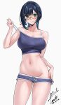  1girl absurdres bare_shoulders blue_hair blue_shorts blush borrowed_character breasts camisole commentary_request glasses highres large_breasts looking_at_viewer navel no_panties original revision round_eyewear short_hair short_shorts shorts simple_background smile solo spaghetti_strap strap_pull white_background yoo_tenchi 