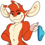 1:1 5_fingers alien alpha_channel antennae_(anatomy) anthro athletic athletic_anthro athletic_male biped black_claws blue_briefs blue_clothing blue_underwear briefs claws clothing digital_drawing_(artwork) digital_media_(artwork) dipstick_antennae disney experiment_(lilo_and_stitch) eyebrows fan_character ferlo finger_claws fingers front_view fur half-length_portrait hand_on_hip head_tuft holding_briefs lilo_and_stitch looking_at_viewer male multicolored_antennae multicolored_body multicolored_fur navel orange_body orange_fur outline pawpads pink_nose pink_pawpads portrait red_body red_fur shiuk simple_background solo telegram_sticker transparent_background tuft two_tone_body two_tone_fur underwear white_body white_fur white_outline