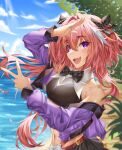  1boy absurdres astolfo_(fate) astolfo_(saber)_(fate) astolfo_(saber)_(first_ascension)_(fate) black_bow black_skirt bow covered_nipples crossdressing fang fate/grand_order fate_(series) hair_bow highres long_hair male_focus midriff miniskirt multicolored_hair multiple_hair_bows navel ocean original otoko_no_ko pink_hair pleated_skirt purple_eyes purple_shirt salute shirt skin_fang skirt solo streaked_hair twintails user_xjse7283 v water white_hair 