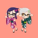  ;d aori_(splatoon) bad_id bad_pixiv_id brown_eyes child cousins domino_mask fangs hair_ornament hotaru_(splatoon) japanese_clothes kimono long_sleeves mask mole mole_under_eye multiple_girls obi one_eye_closed open_mouth pink_background pointy_ears purple_hair riko_(sorube) sandals sash short_hair silver_hair simple_background smile splatoon_(series) splatoon_1 wide_sleeves younger 