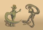 anthro biped blush breasts colored countershade_feet countershade_neck countershade_tail countershade_torso countershading covering covering_breasts dinosaur duo featureless_breasts feet female female_anthro front_view holding_tail looking_down_at_self markings navel non-mammal_breasts non-mammal_navel nude nude_anthro nude_female one_leg_up open_mouth open_smile prehistoric_species raised_leg rear_view reptile scalie shaded shadow sharp_teeth simple_background smile standing stoneheron tail tail_markings teeth three-quarter_view