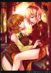  2girls absurdres adapted_costume aki_minoriko aki_shizuha architecture autumn_leaves blonde_hair braid breasts brown_dress brown_eyes character_name china_dress chinese_clothes crown_braid dress earrings east_asian_architecture food-themed_hair_ornament grape_hair_ornament hair_ornament hand_on_another&#039;s_chin hand_on_another&#039;s_stomach highres incest jewelry large_breasts leaf leaf_hair_ornament long_sleeves looking_at_viewer maple_leaf medium_breasts monety multiple_girls orange_hair pelvic_curtain red_dress scan short_hair siblings side_slit sisters tassel thighs third-party_source touhou 