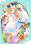  1girl :o absurdres alice&#039;s_adventures_in_wonderland alice_(alice_in_wonderland) anklet apron blonde_hair blue_background blue_dress blue_eyes blunt_bangs blush card character_name cheshire_cat_(alice_in_wonderland) commentary_request cookie dress flower food frilled_apron frills hacosumi hair_ribbon highres ice_cream jewelry jumping long_hair parted_lips playing_card puffy_short_sleeves puffy_sleeves ribbon sandals short_sleeves solo striped_background sundae sunflower vertical-striped_background wafer_stick white_apron white_rabbit_(alice_in_wonderland) white_ribbon wooden_chair 