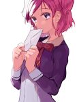  1girl buntatta covering_own_mouth hair_behind_ear holding holding_letter l&#039;ecole_des_cinq_lumieres_school_uniform letter looking_at_viewer pink_hair precure purple_eyes red_ribbon ribbon school_uniform solo solo_focus two_side_up white_background yes!_precure_5 yumehara_nozomi 